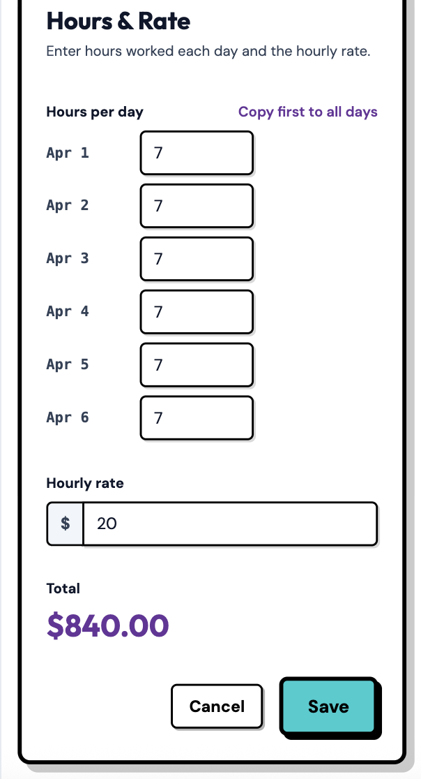 ExpenseFam form for entering caregiver tax ID and hours worked