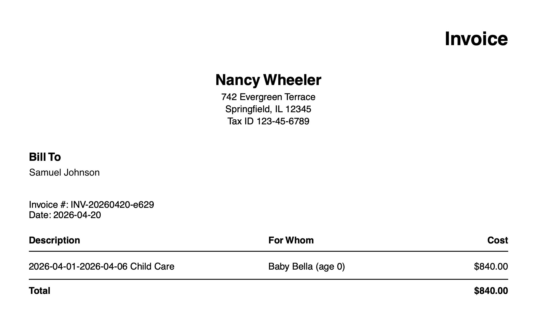 Preview of generated invoice PDF with childcare payment details